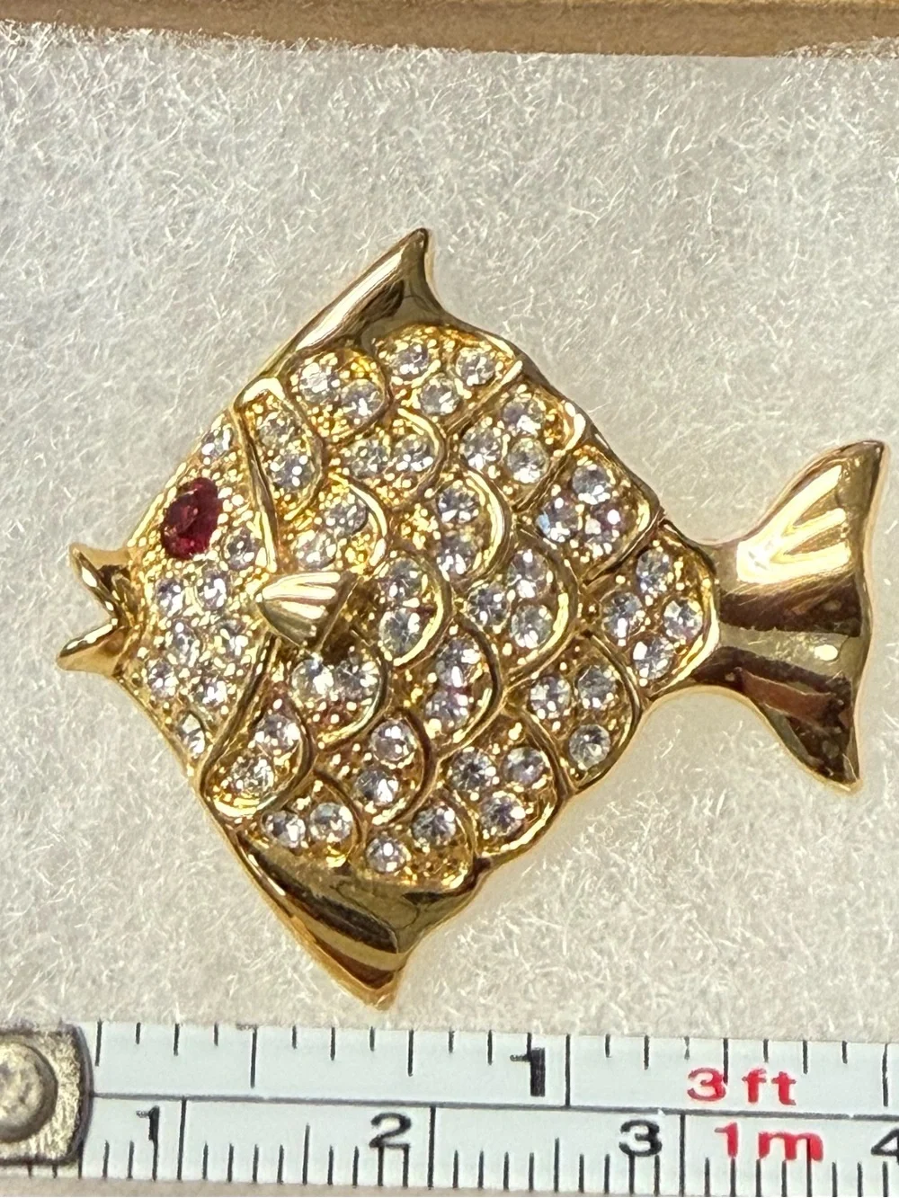 Gold-Tone Fish Brooch Rhinestone Pave Pin - Clear and Red Accents